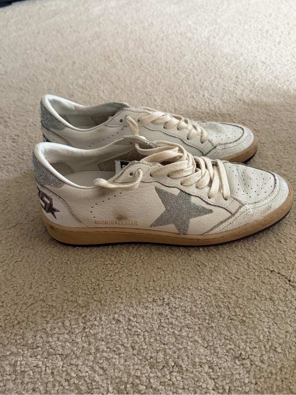 Golden Goose White Ball Star Leather Sneakers with Silver Glitter Star Accent - Picture 2 of 8